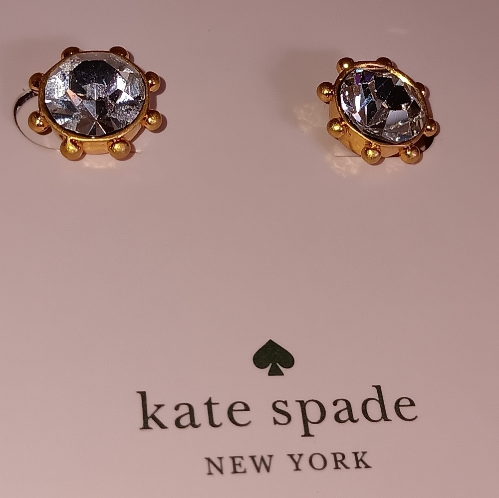 Kate Spade Gold Tone Flying Colors Bezel Stud Earrings Clear Cubic Zirconia
